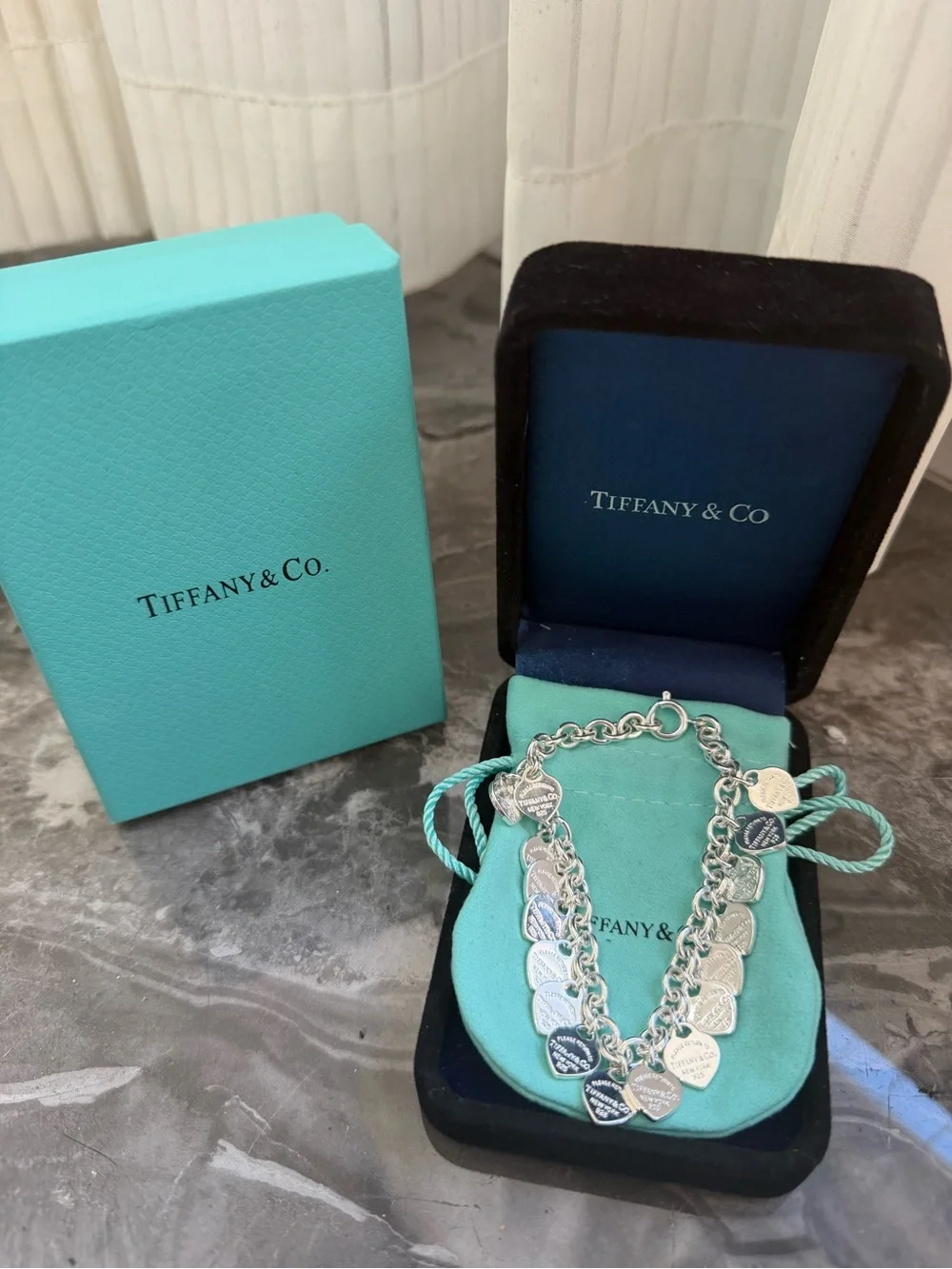 Tiffany & Co. Sterling Silver Multi-Heart Charm Bracelet with Signature Blue